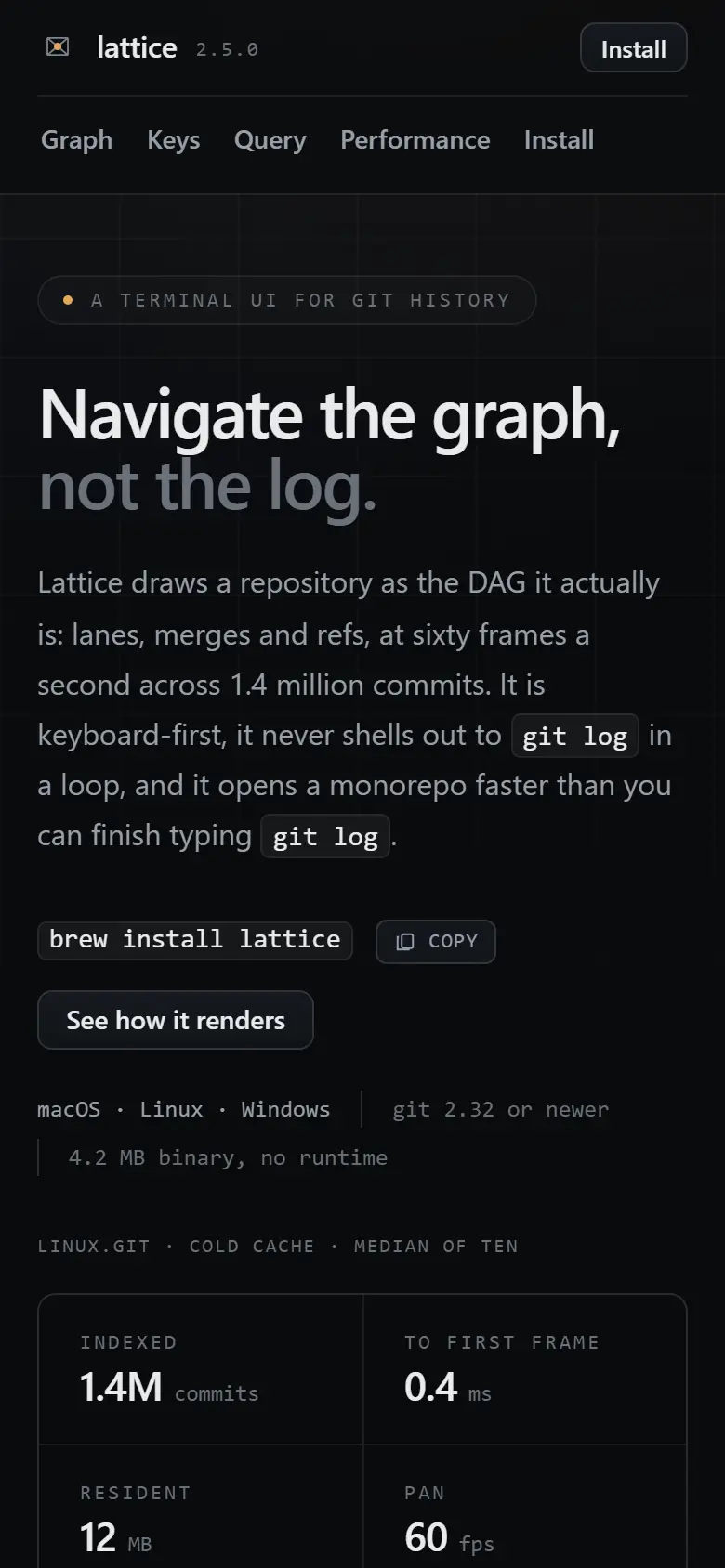 Lattice: navigate git history as a graph at 390 px wide