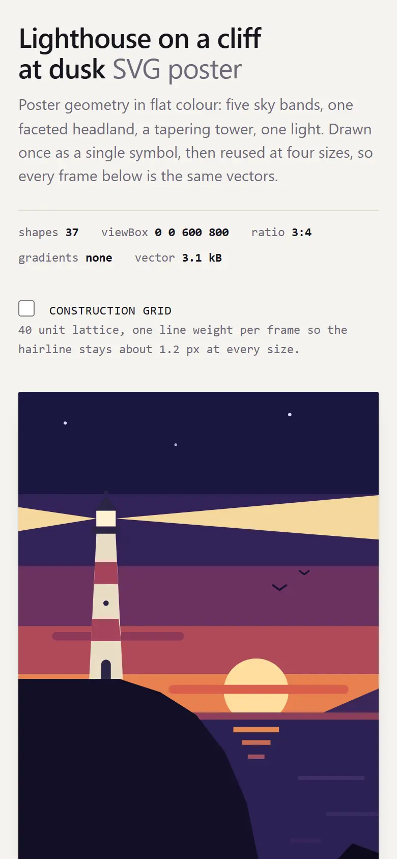 Lighthouse on a Cliff at Dusk, SVG poster specimen at 390 px wide