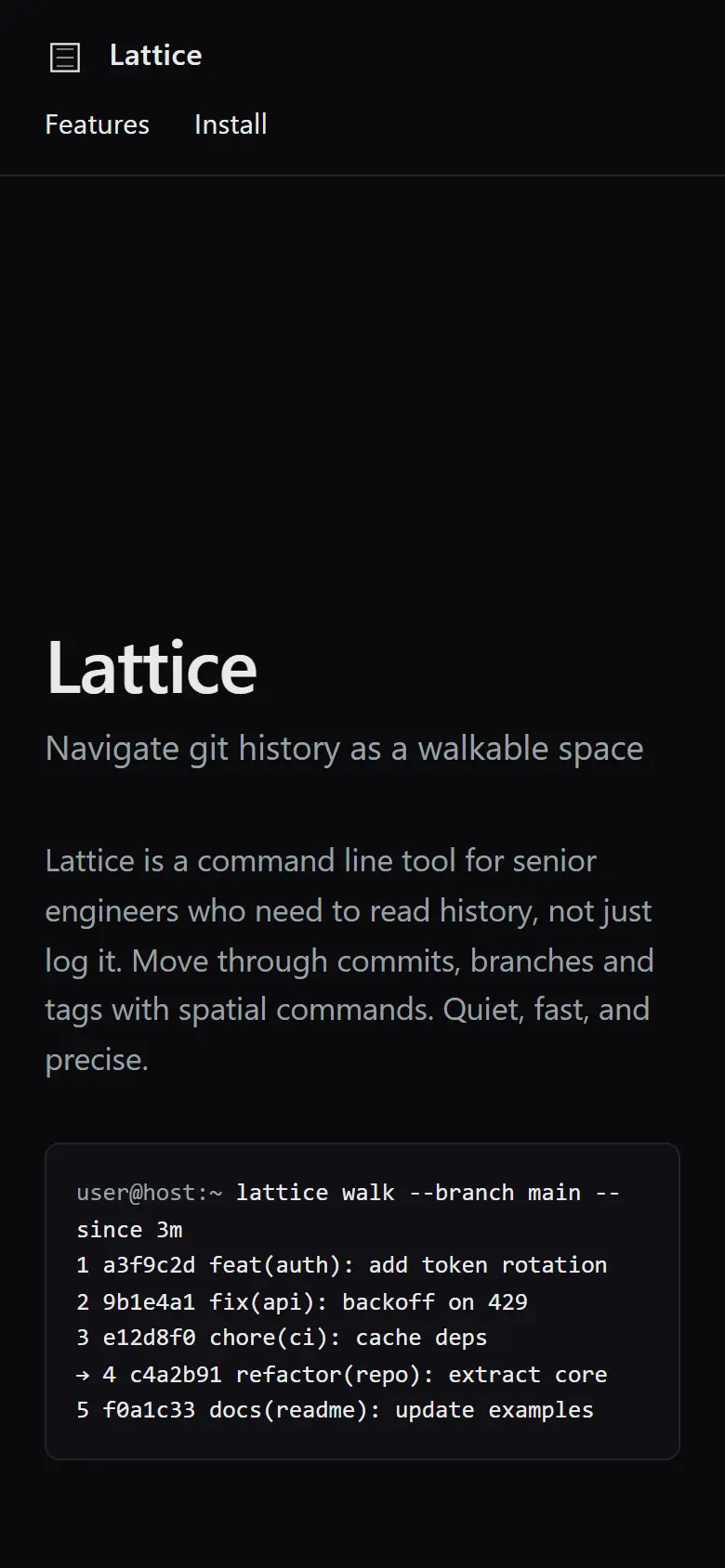 Lattice - Navigate git history at 390 px wide