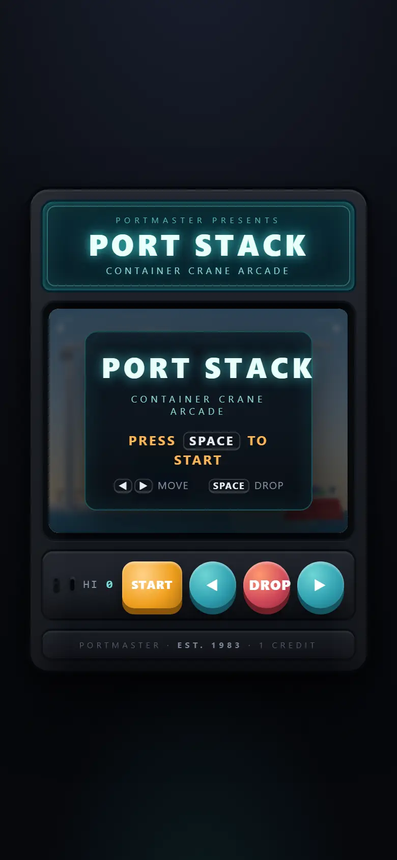 Port Stack — Container Crane Arcade at 390 px wide